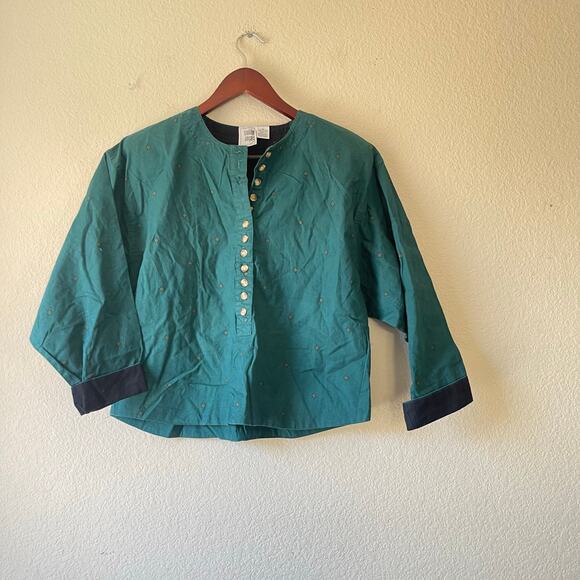 Vintage Green Patterned Button Front Shirt Tortoise Shell Buttons Medium - Picture 1 of 6